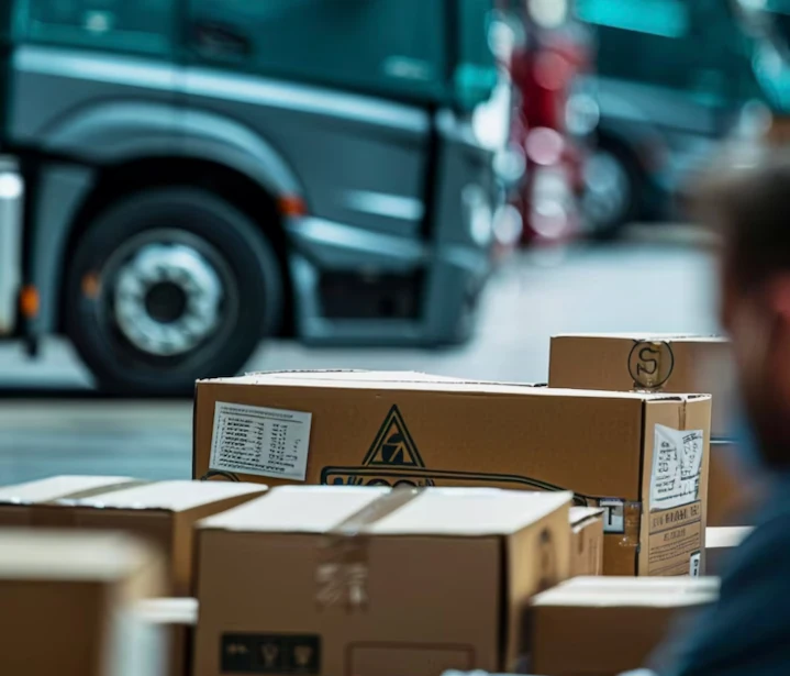 Boxes arranged in front of a truck