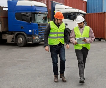 People checking documents in front of trucks