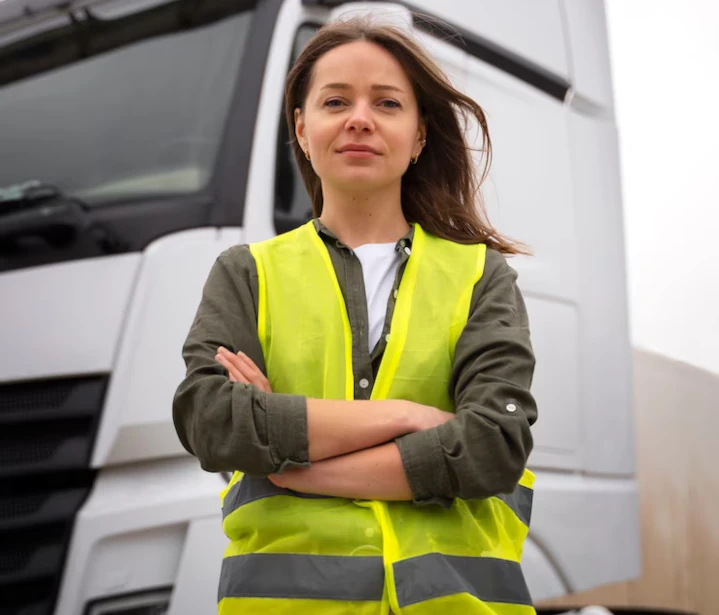 Woman in front of a truck
